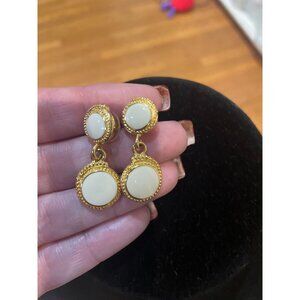 Vintage Trifari gold tone and white enamel drop post earrings.